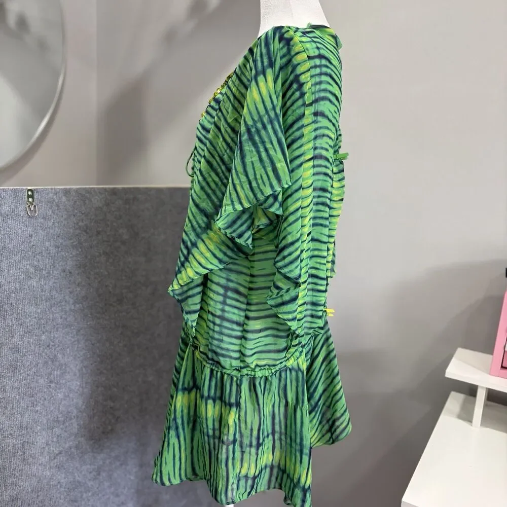 Victorias Secret Green Tie Dye Sequin Trim Sheer Swim Cover Up Tunic Dress M/L